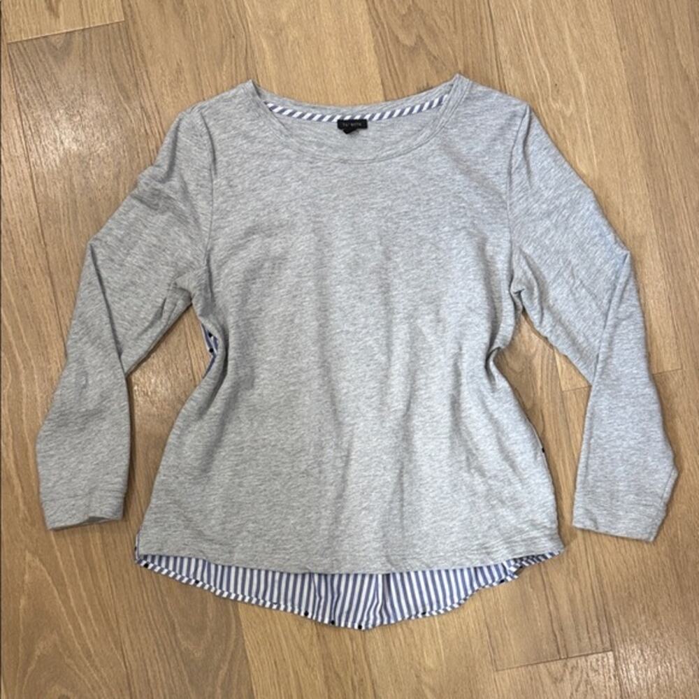 Talbots Gray Long Sleeve Layered-Look Top with Navy-White Stripe Hem Large